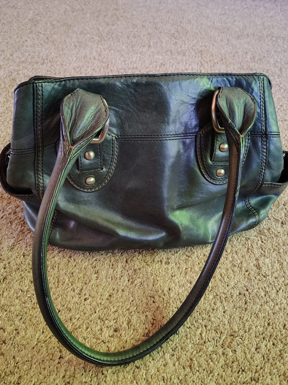 Fossil Dark Green Leather Handbag Satchel Side & Inner Pockets Keyfob 75082